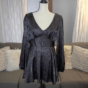 Allison And Kelly Black Floral Long-Sleeve Tiered Whimsigoth Mini Dress Size L